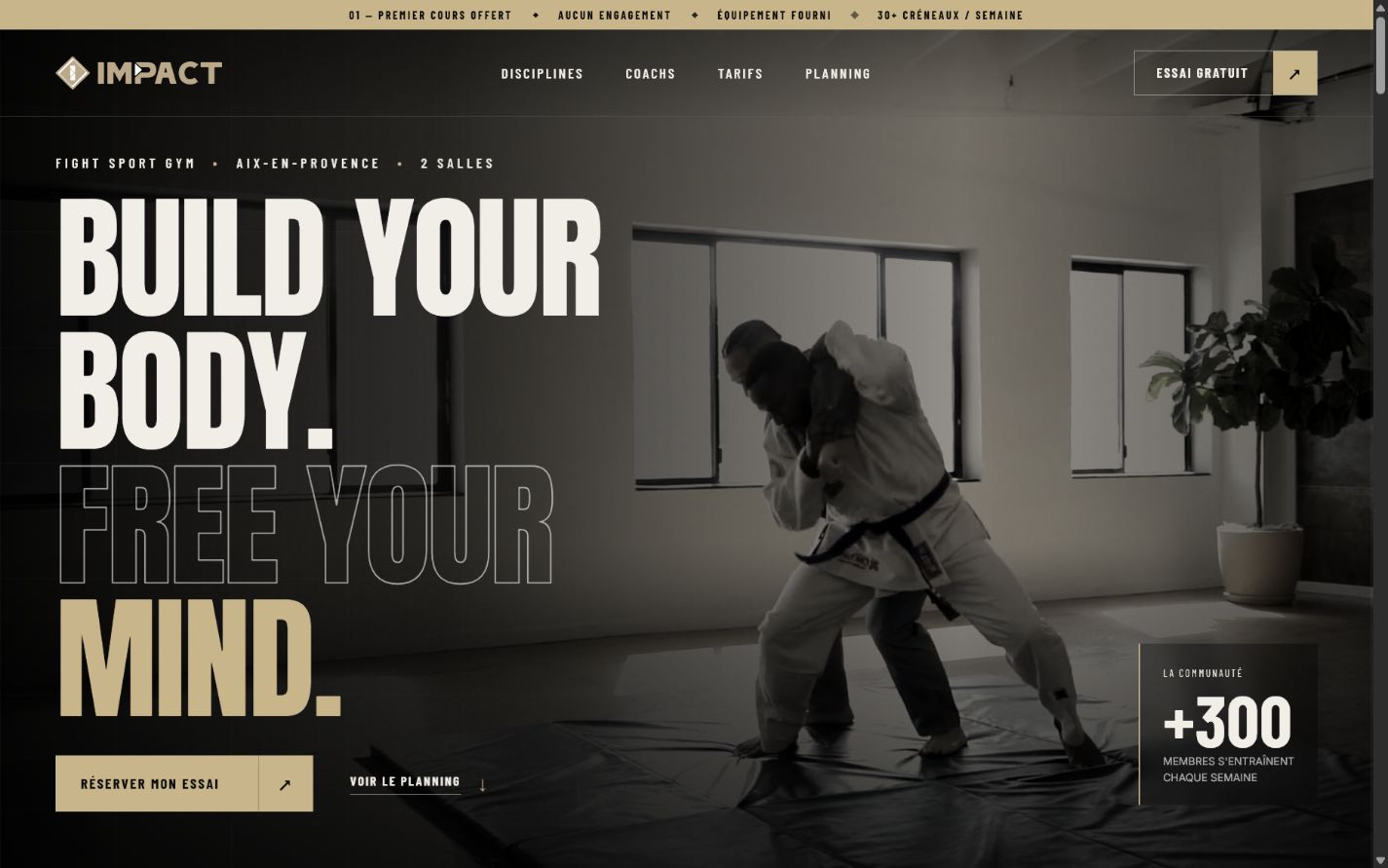 Hero de la landing page Impact Fight conçue par Johann Natouri