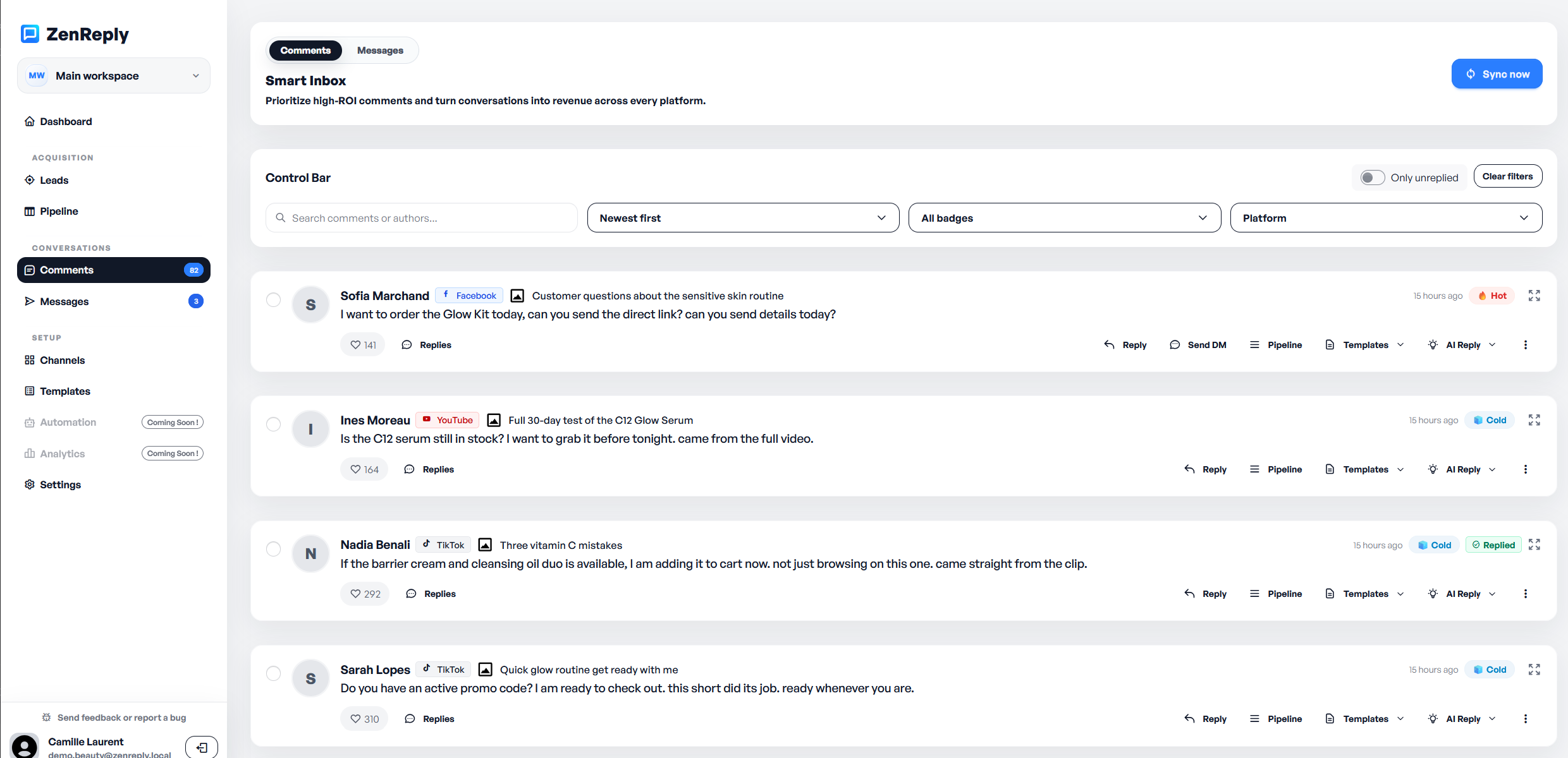 Interface de l’inbox intelligente de ZenReply
